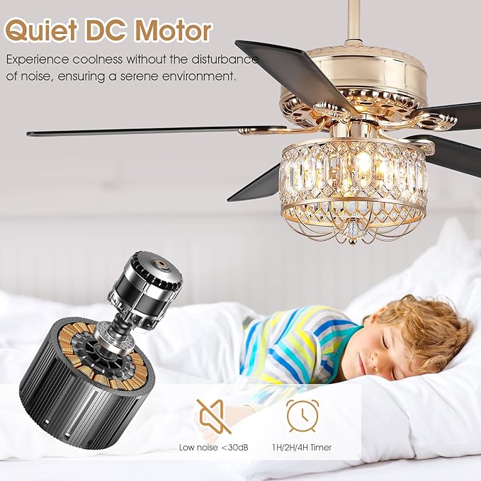 Chandelier Ceiling Fans with Lights - 52 Inch Modern Farmhouse Fandelier Ceiling Fan with Remote, Crystal Ceiling Fan Light for Bedroom Living Dining Room, Dual Finish Wooden Blades, Gold