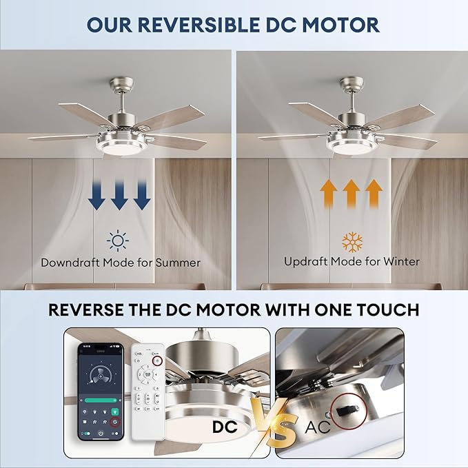 42 Inch Ceiling Fans with Lights and Remote/APP Control, Modern Nickel Ceiling Fan with Quiet Reversible DC Motor, 3 CCT Dimmable LED for Bedroom, Living Room, Patio, Indoor and Outdoor