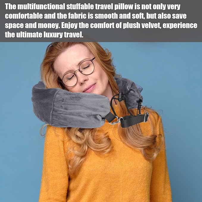Stuffable Travel Pillow, Plush Stuffable Neck Pillow for Travel Transformable Neck Pillow Travel Pillow Stuffable with Clothes Adjustable U-Shape Pillow, No Pillow Filler (Gray)