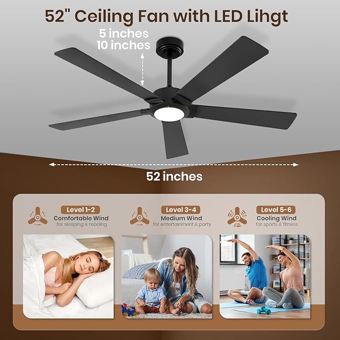 GESUM Black Ceiling Fan with Light, 52 In Outdoor Ceiling Fan for Patio, 5 Reversible Blades, Dimmable, 3CCT, Smart Ceiling Fan with Remote/App Control for Living Room Kitchen Bedroom (Black)