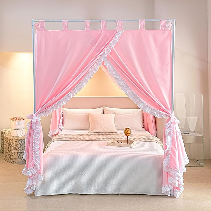 AIKASY Peach Pink Canopy Bed Curtains with Top Ties and Tie Backs for Bedroom Decoration - King Size Bed Curtains with Windproof and Lightproof Features