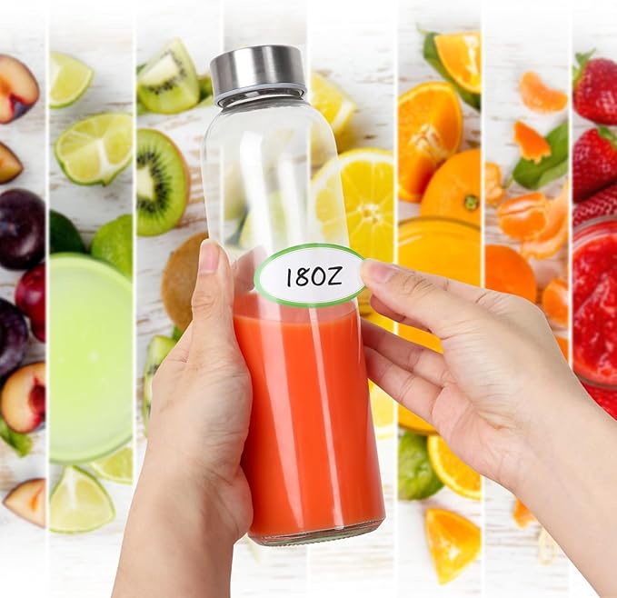 12 Pack 18oz Clear Glass Water Bottles, Juice Bottle with Stainless Steel Lid, Reusable Refillable Bottles for Storing Beverages Juice