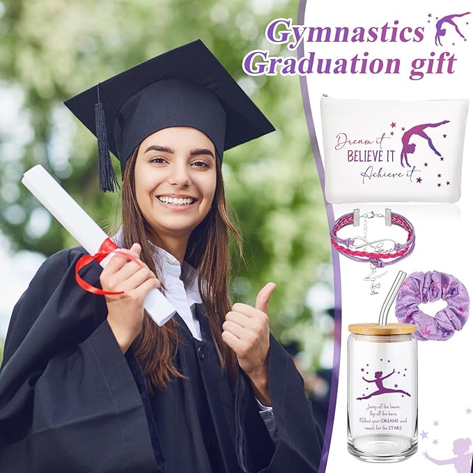 4 Pcs Gymnastics Gifts Gymnastics Glass Cup 16oz Inspirational Gymnastics Water Bottles Makeup Bag Bracelet Elastic Scrunchies for Girls Gymnastics Lovers Back to School