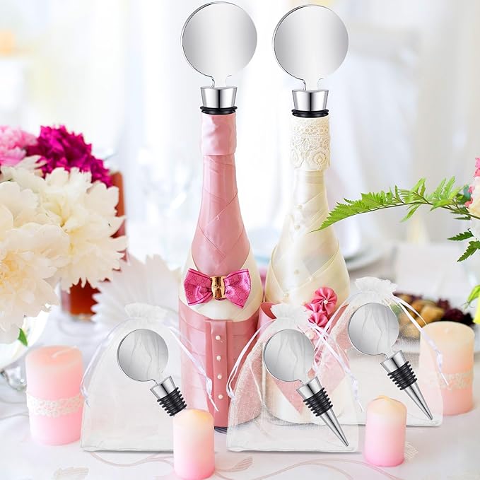 24 Sets Wine Stopper for Wine Bottles Wedding Wine Stopper Champagne Bottle Stoppers Beverage Bottle Stoppers with White Sheer Organza Bags Wedding Party Favor for Guests (Silver)
