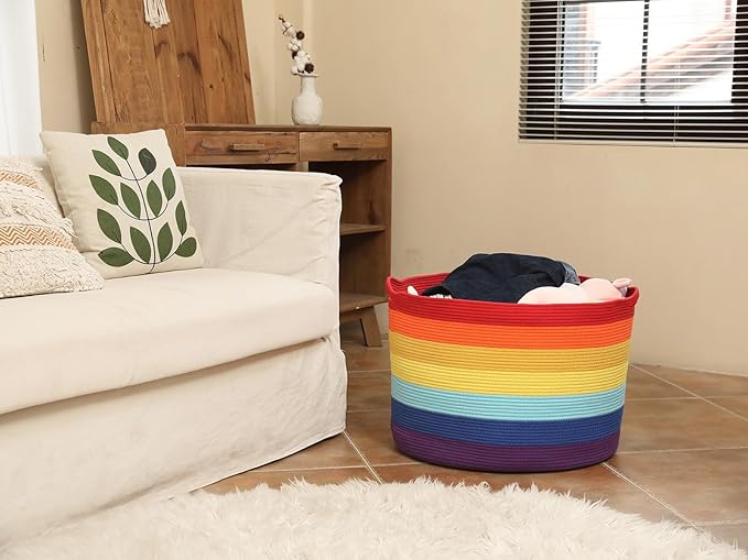 24" x 24" x 17" Max Size Large Cotton Rope Basket, Extra Large Storage Basket, Woven Laundry Hamper, Cloth Storage Bin, for Blankets Clothes Towels Pillows in Living Room, Rainbow