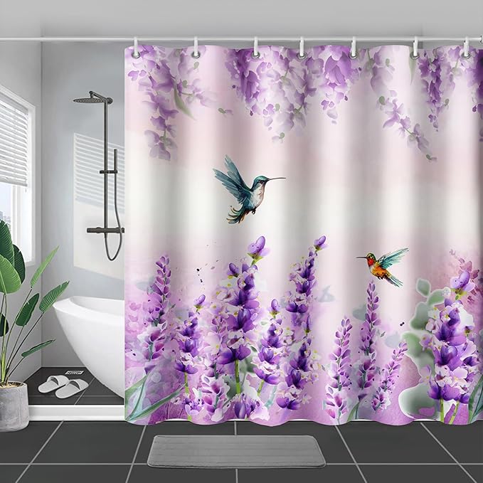 AILONEN Waterproof Floral Shower Curtain for Bathroom,Purple Pink Wisteria Lavender Flowers Shower Curtain,Botanical Floral Decor Bathroom Polyester with Grommets and Hooks 36" W*72" H