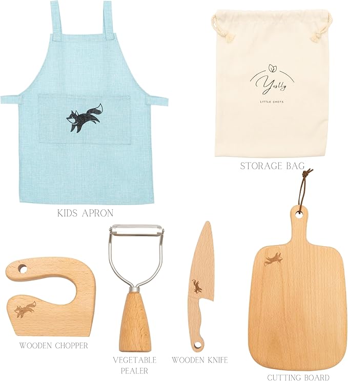 Kids Cooking Sets Real, 6 Piece Wooden Cooking Set for Kids with Montessori Kitchen Tools & Kids Aprons for Cooking, Food Grade Approved, Toddler Kitchen Set with Toddler Apron