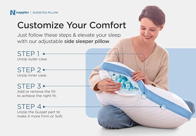 Side and Back Sleeper Pillow for Neck and Shoulder Pain Relief - Shredded Memory Foam Bed Pillow for Sleeping - 100% Adjustable Fill - Standard Size Modal Washable Case. Extra Fill Included