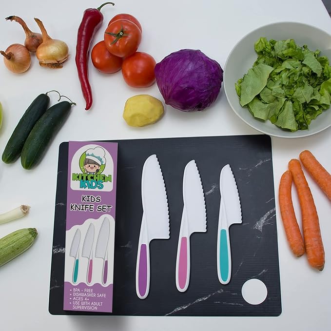 Kids Knife Set of 3 - Firm Grip, Serrated Edges & Safe – Colorful Nylon Toddler Knife Set to Cut Fruits, Salad, Cake, Lettuce (Purple Multi)