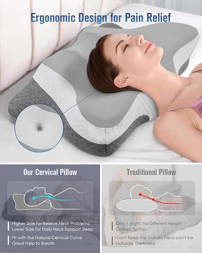 DONAMA Cervical Neck Pillow for Sleeping, Ergonomic Memory Foam Pillows with Built-in/Removable Small Neck Support Pillow, Contour Bed Pillows for Side Back Stomach Sleepers with Cooling Pillowcase