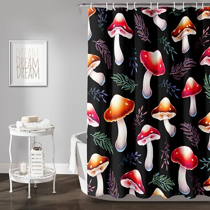 AILONEN Cartoon Mushroom Shower Curtain,Cute Red Mushroom Waterproof Fabric Bath Curtain for Kids Girls Boys,Natural Fungal Plants Shower Curtain Set for Bathroom 48" W*72" H