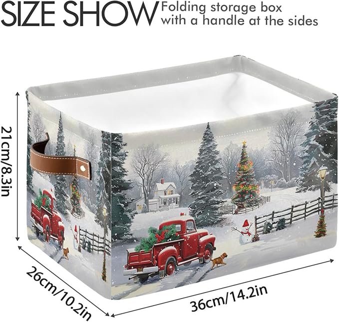 Christmas Tree Red Truck Storage Basket Fabric Laundry Baskets Winter Snowman Snowflake Golden Retriever Dog Storage Boxes Organizer Bag for Cloth Toy Book Storage Cubes Shelf Closet Bins 16×12×8