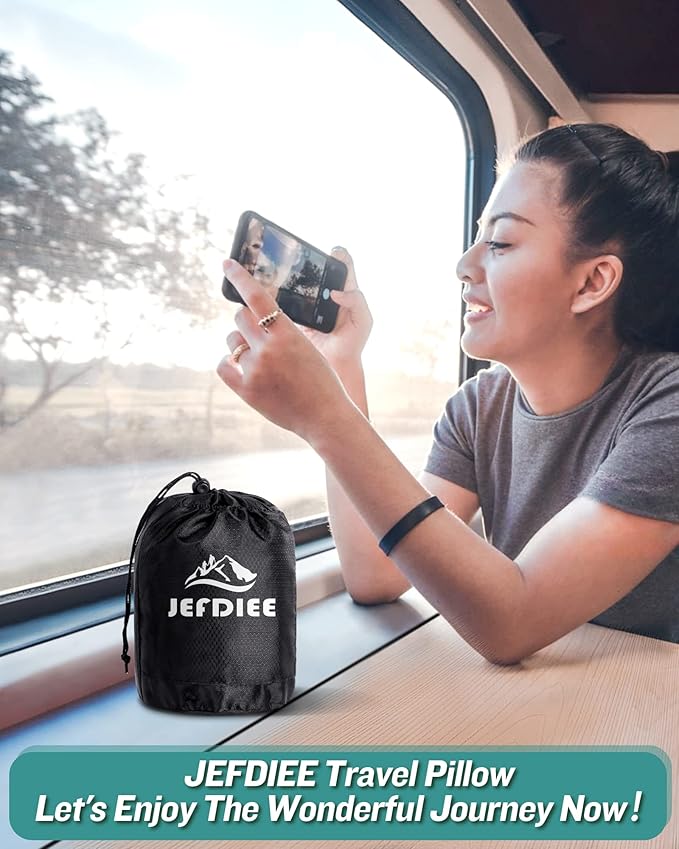 JefDiee Inflatable Travel Pillow, Airplane Neck Pillow Comfortably Supports Head and Chin for Airplanes, Trains, Cars Office Napping on The Tray Table (Black)