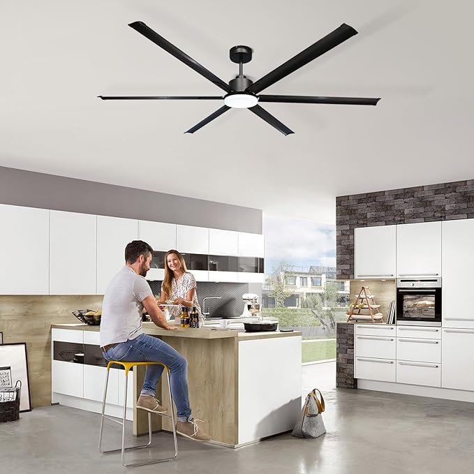 GESUM 84 Inch Ceiling Fans with Light, Industrial Ceiling Fan with 6 Aluminum Blades, Reversible, 6-Speeds, Large Ceiling Fan for Porch/Garage/Shop (Black)
