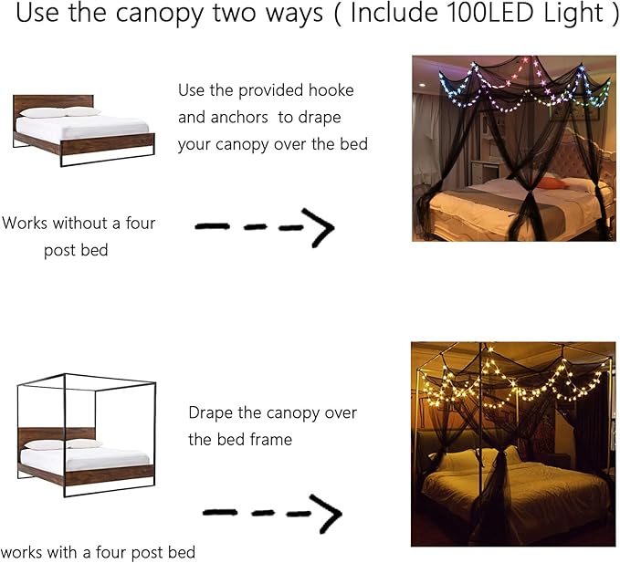 Bed Canopy with LED Star Lights, Canopy Bed Curtain with RGB Color Changing String Lights with Smart App Control Remote for Princess Girls Bedroom, Suggested for Twin Full Queen King Bed