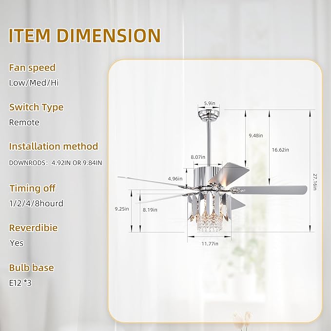 NicBex Ceiling Fan 52 Inch Ceiling Fan with Lights Ceiling Fans with 5 Reversible Blades and Remote Control Ceiling Fan with Crystal Lamp Shade for Bedroom, Living Room, Silver