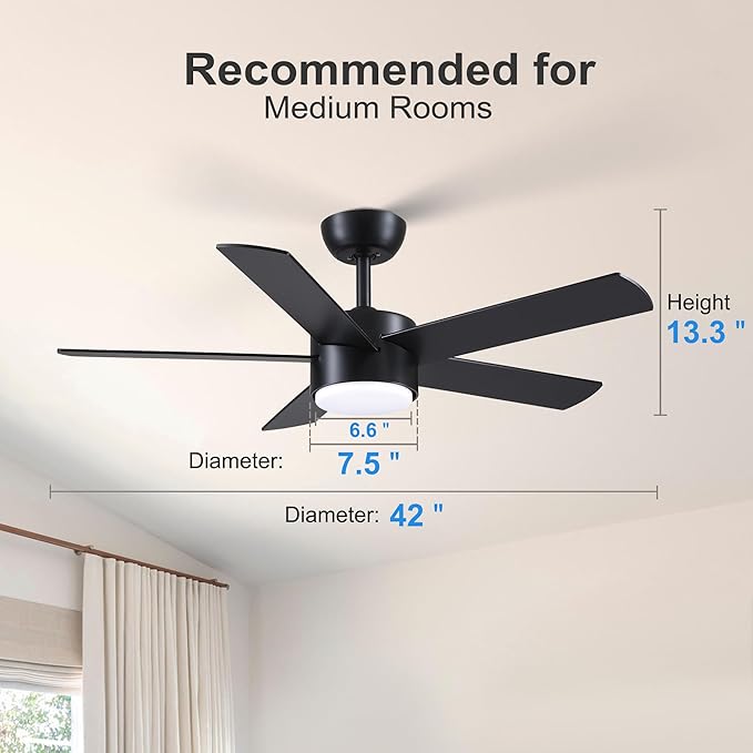 42 inch Black Ceiling Fan with Light Remote Control, LED Ceiling Fans with Lights, 3-Colors Dimmable, Reversible, Modern Ceiling Fan for Bedroom, Dining Room, Living Room
