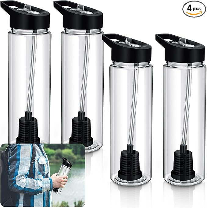 4 Pack Filtered Water Bottle Sports 24 oz Classic Water Bottle with Filter Portable Reusable Plastic Camping Hiking Water Filters with Straw for Travel Survival Backpacking Emergency