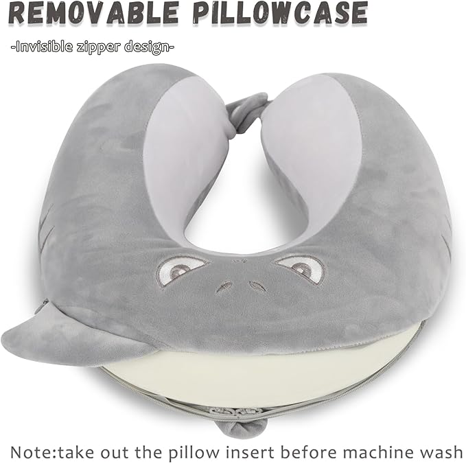 Travel Pillow, Kids Travel Pillow with Sleep Eye Mask Soft Memory Foam Kids Neck Pillow for Boys & Girls, Travel Accessories for Car Airplane Traveling - Shark