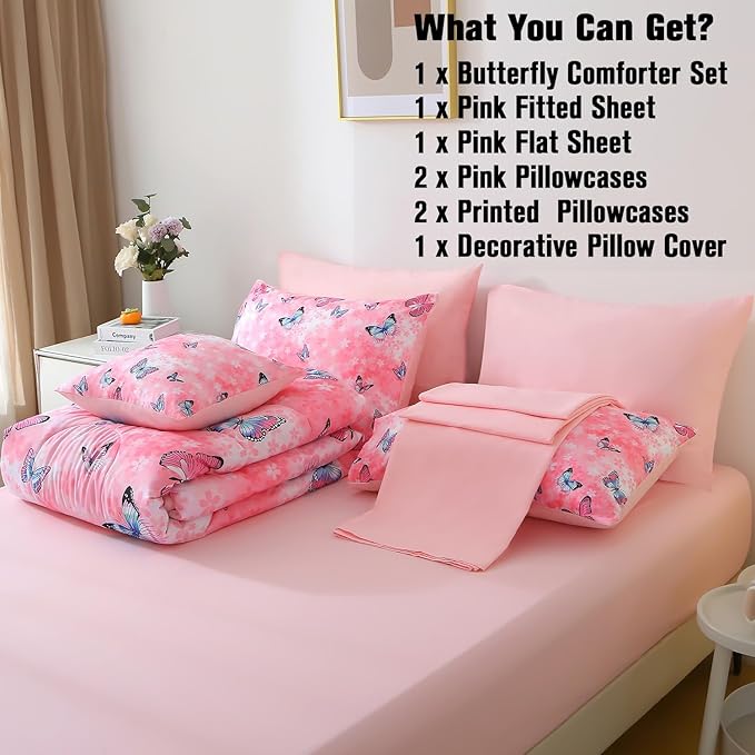 JQinHome 8 Piece Butterfly Comforter Set Full, 3D Pink Flower Printed Butterfly Bedding Set,All Season Microfiber Butterfly Theme Home Decor Bedding for Girls with Sheet Sets(Pink)