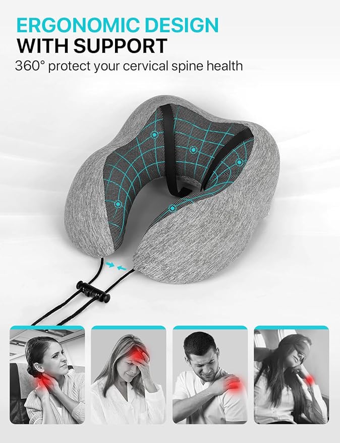 ALLJOY Travel Neck Pillow for Sleeping-Prevents Head Forward,100% Pure Memory Foam Travel Pillow with Eye Mask, Adjustable Clasp, and Seat Strap - Comfort Travel Kit for Airplane, Train, Car