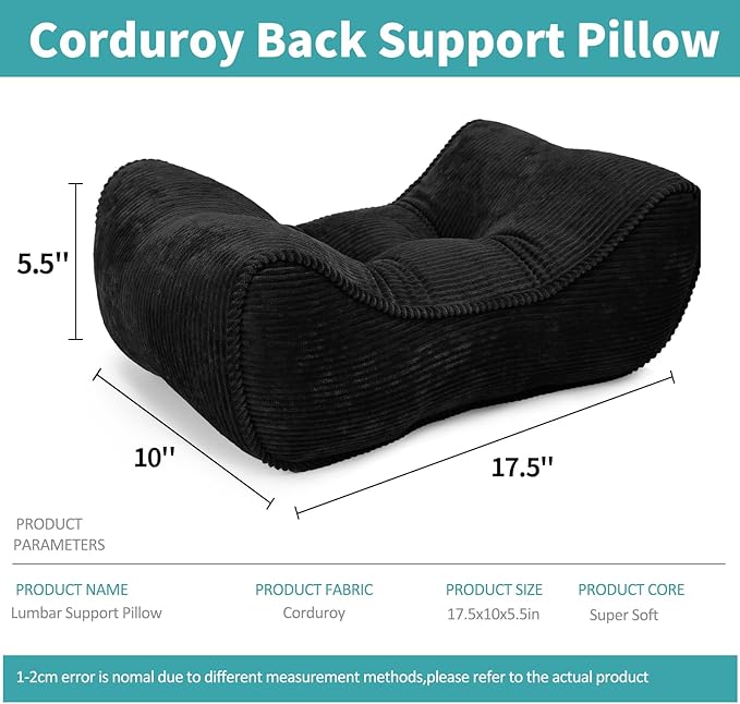 Lumbar Support Pillow for Office Chairs, Back Support Pillow for Lower Back Pain Relief, Soft & Good Support Corduroy Desk Lumbar Cushion, 17.5"x10"x5.5", Medium（Black