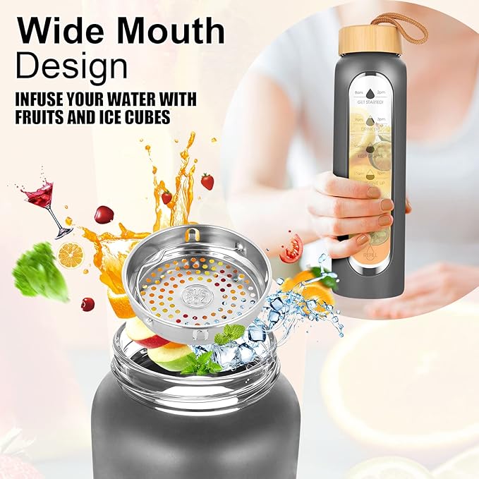 32 Oz Borosilicate Glass Water Bottle with Times to Drink | BPA Free - Reusable Wide Mouth Glass Motivational Water Bottles with Infuser & Silicone Sleeve (gray)