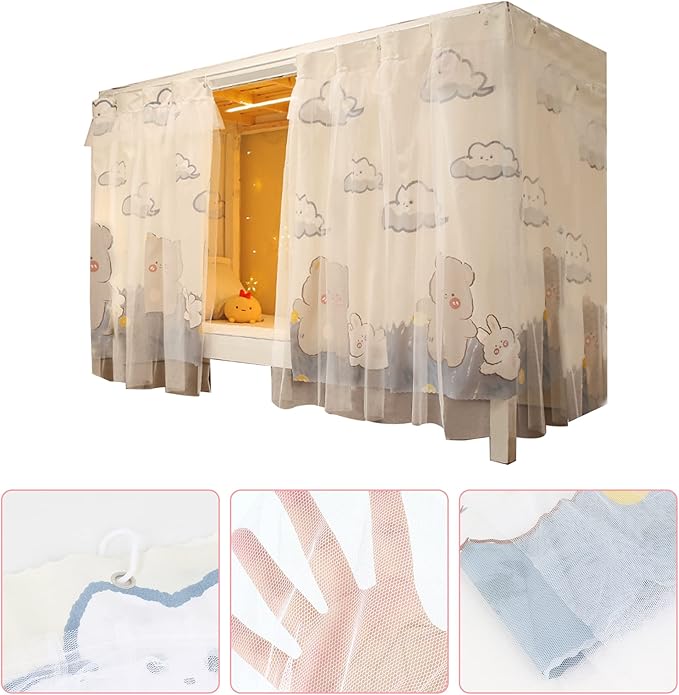 Hoce Bunk Bed Curtain Gauze Bunk Bed Curtains Drapes with Lace Privacy Dorm Bed Canopy for Bottom Twin