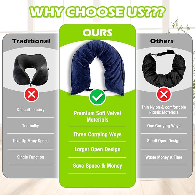 Travel Neck Pillow Stuffable with Clothes,Stuffable Neck Pillow for Traveling,Fillable Travel Neck Pillow Extra Storage Bag,Soft Velvet Neck Pillow Case Cover,Packable for Airplane Travel Essentials