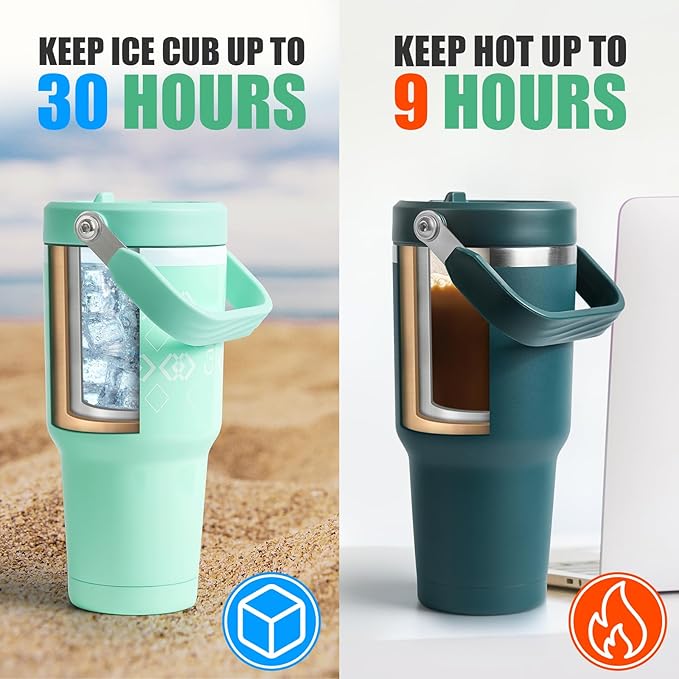 30 oz Tumbler with Handle Flip Straw, Vacuum Insulated Tumblers with Flip Straw and Top Handle, Reusable Insulated Cup for Home, Outdoors, Leakproof, Fits in Cup Holder, Cold for 30 Hours