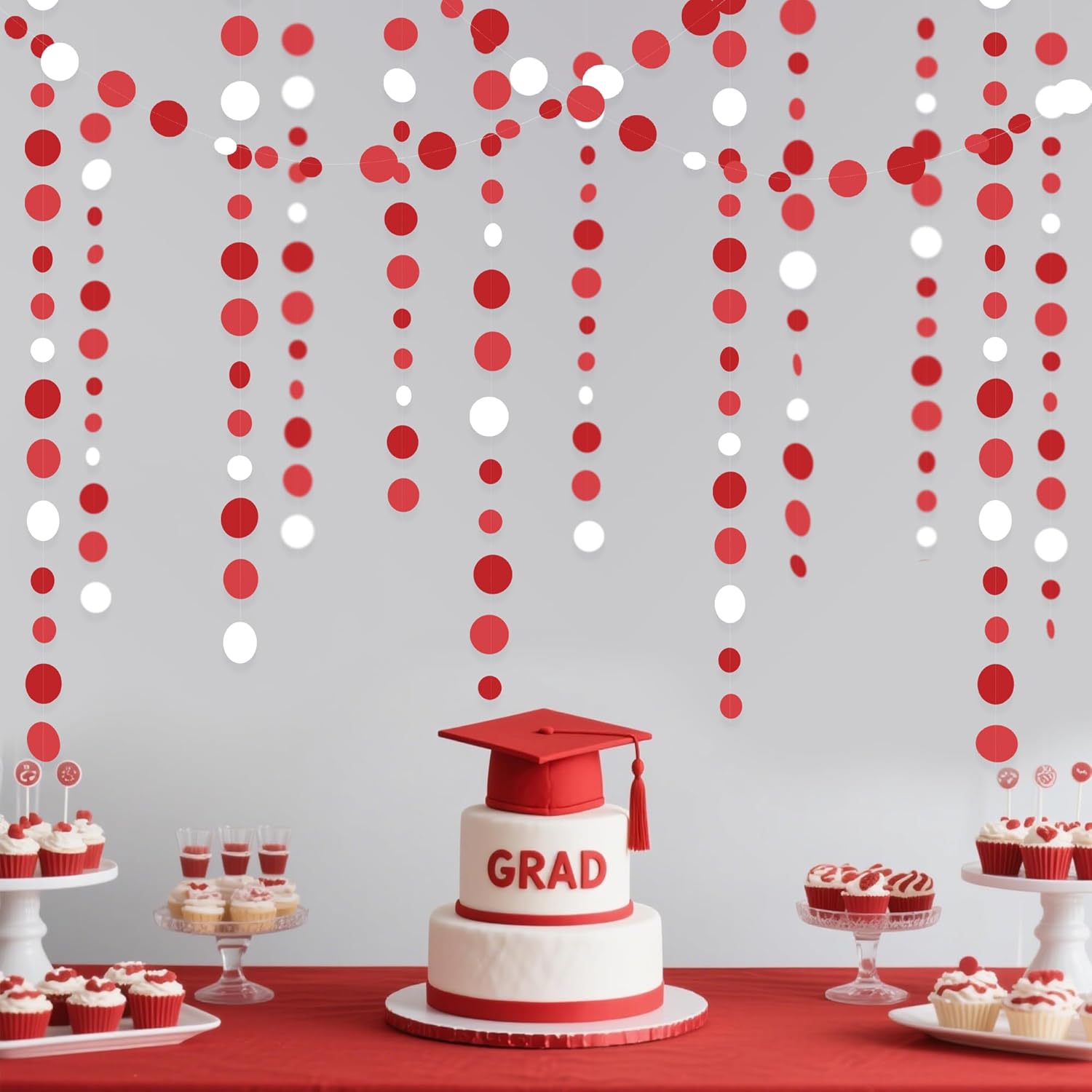 46 Ft Red Party Decorations Polka Dots Garlands Red and White Hanging Paper Circle Dots Streamer for Valentines Anniversary Birthday Graduation Wedding Christmas Holiday Bridal Shower Party Supplies