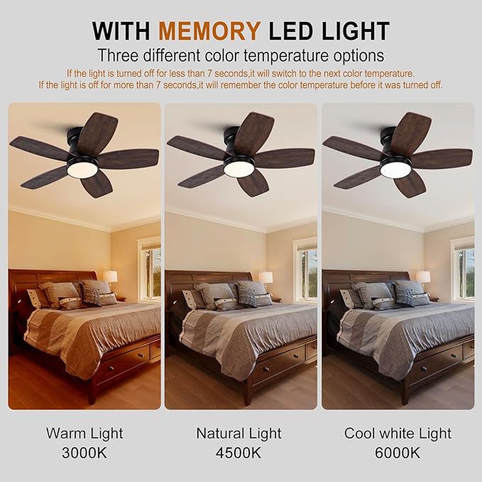 30 inch Ceiling Fans with Lights and Remote,Flush Mount Black Ceiling Fan,Memory Fuction Reversible Quiet DC Motor Low Profile Ceiling Fans For Living Room Bedroom Indoor Outdoor(Black Walnut)
