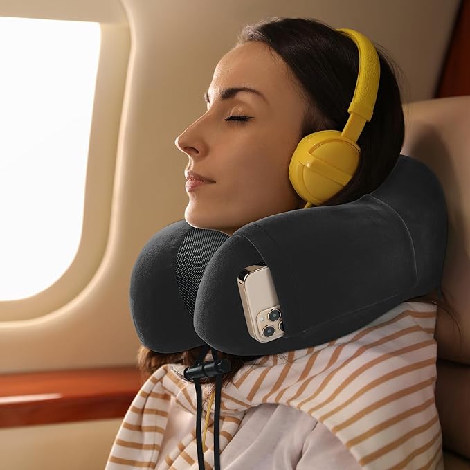 Travel Pillow and Blanket Set Neck Pillow Airplane Memory Foam for Traveling Compact with Bag Black