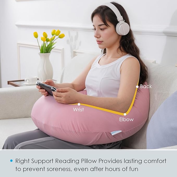 QUEEN ROSE Reading Pillow for Gaming, Lap Desk Pillow for Sitting in Bed or Sofa, Compact Arm Support Pillow for Reading, Playing or Crocheting, Cooling Pink