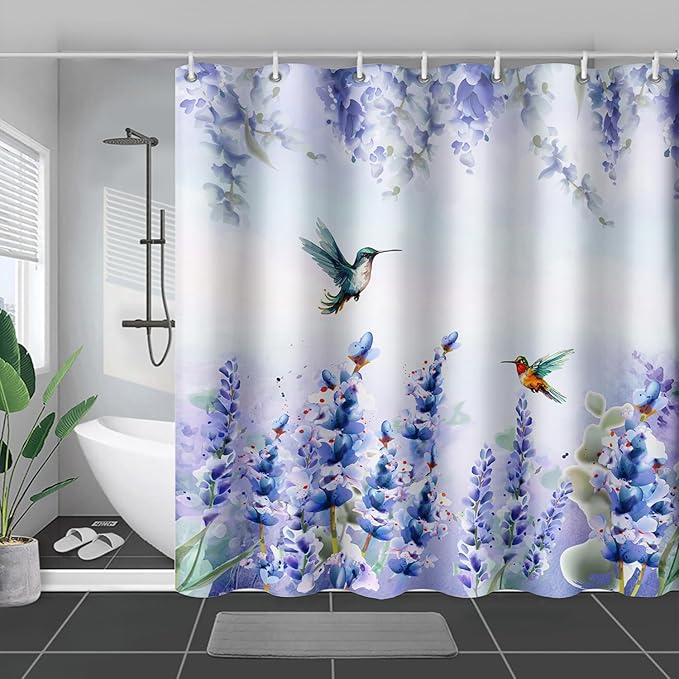 AILONEN Waterproof Floral Shower Curtain for Bathroom,Purple Blue Botanical Wisteria Lavender Flowers Shower Curtain,Watercolor Floral Decor Bathroom Polyester with Grommets and Hooks 72" W*72" H