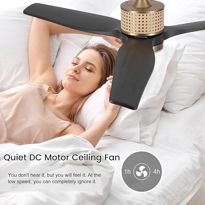 52" Ceiling Fan with Light and Remote, 3 Solid Wood Blades, Noiseless Reversible DC Motor Ceiling Fan with 4.5"/12" Downrods for Bedroom/Living Room/Porch (Gold/Black)