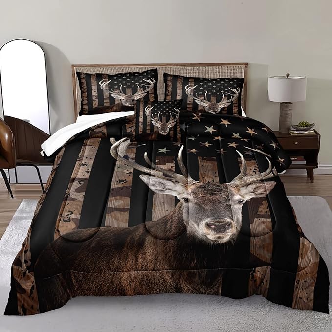 Bedbay Hunting Deer Bedding Comforter Sets King Size American Flag Camo Bedding Room Decor for Men Adults Boys Camouflage Quilt Set Stars Stripes USA Flag Down Alternative Comforter 4 Pcs(Deer,King)