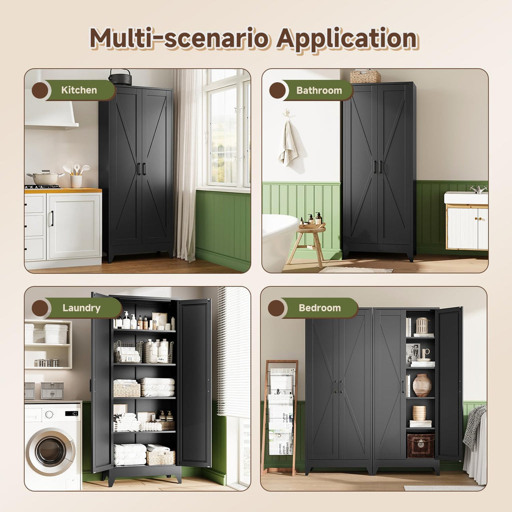 Letaya Storage Cabinet,75" H Metal Kitchen Pantry Cabinets with Doors and Adjustable Shelves,Pantry Organizers for for Cupboard/Dining/Bathroom/Office/Garage Room,Black