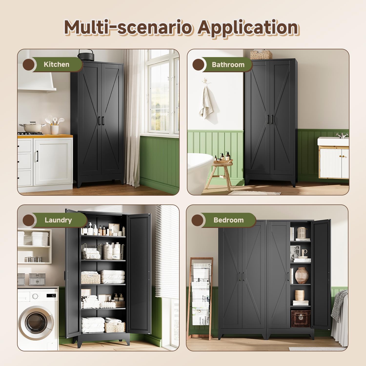 Letaya Storage Cabinet,75" H Metal Kitchen Pantry Cabinets with Doors and Adjustable Shelves,Pantry Organizers for for Cupboard/Dining/Bathroom/Office/Garage Room,Black