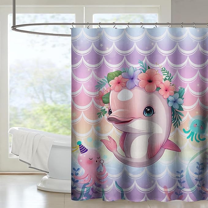 AILONEN Cute Dolphin Shower Curtain,Beautiful Sea World Theme Bath Curtain Cloth Fabric Bathroom 60" W*72" H Inch,12 Pack Hooks for Kids Child Cute Pink Dolphin Sea Animal Bathroom Curtain