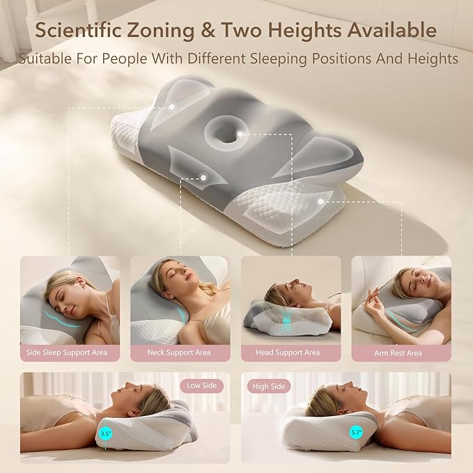 Cervical Pillow for Neck, Contour Memory Foam Pillow, Adjustable Height Double, Neck Pillow for Sleeping, Side Sleeper Pillow for Adults, Ergonomic Bed Pillow for Side, Back, Stomach Sleeper