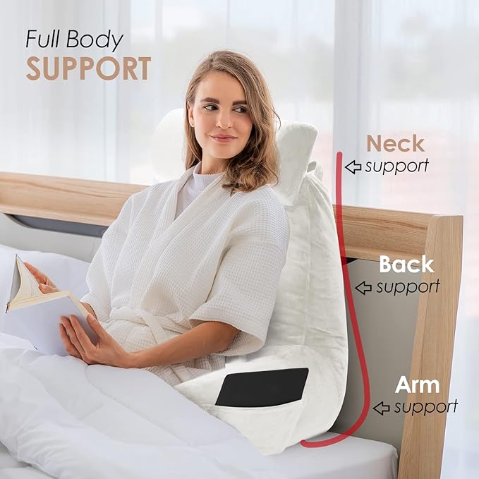 Nestl Reading Pillow Large Bed Pillow, Back Pillow for Sitting in Bed Shredded Memory Foam Chair Pillow, Reading & Bed Rest Pillows White Back Pillow for Bed, Bed Chair Arm Pillow with Pockets