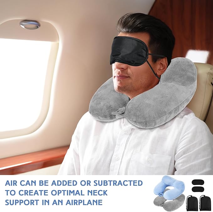 Sintuff 2 Pack Inflatable Travel Pillow for Airplanes Inflatable Neck Pillows with Compact Bag and Blindfold Soft Flight Pillow for Traveling, Airplane, Train, Car, Office(Light Gray and Sky Blue)
