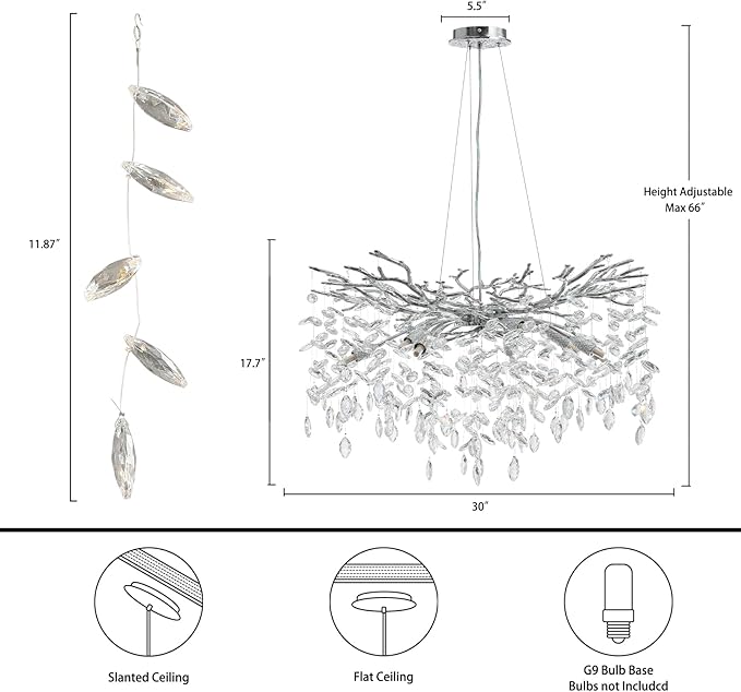 Modern Crystal Chandelier for Dining Room,Silver Tree Branch Chandeliers,Round Luxury Raindrop High Ceiling Chandelier Fixture Hanging Pendant Light Fixtures - 30 inch, 5 Year Warranty