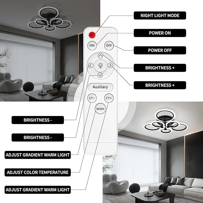 Modern LED Ceiling Light,Dimmable 6 Rings Flush Mount Ceiling Light Fixtures,3000K-6500K 81W Ring Ceiling Lamp with Remote for Bedroom,Dining Room,Living Room,Black
