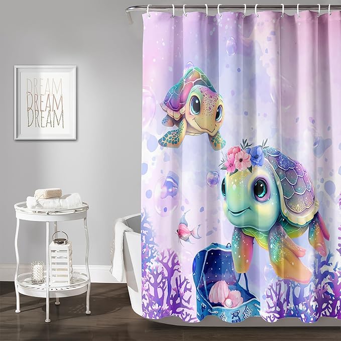 AILONEN Kawaii Sea Turtle Shower Curtain,Tie Die Ocean Animal Themed Bath Curtain Cloth Fabric Bathroom 60" W*72" H Inch,12 Pack Hooks for Kids,Sea Animal with Treasure Box Bathroom Curtain