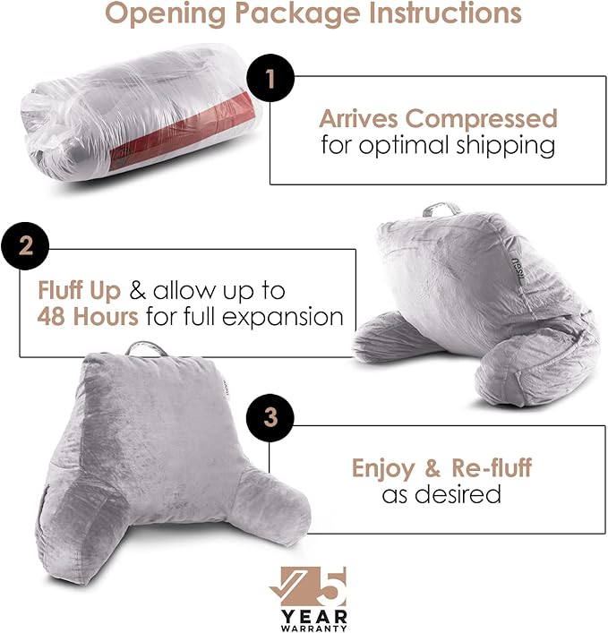 Nestl Reading Pillow Standard Bed Pillow, Back Pillow for Sitting in Bed Memory Foam Chair Pillow, Reading & Bed Rest Pillows Grey Lavender Back Pillow for Bed, Bed Chair Arm Pillow with Pockets