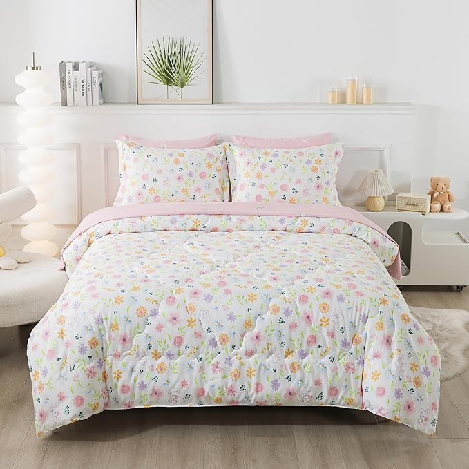 Wajade Floral Comforter Set Bed in A Bag Full Size 7 Piece Botanical Flower Green Leaves Rabbits Bedding Set for Girls (1 Comforter, 1 Flat Sheet, 1 Fitted Sheet, 2 Pillowcase and 2 Pillow Sham)