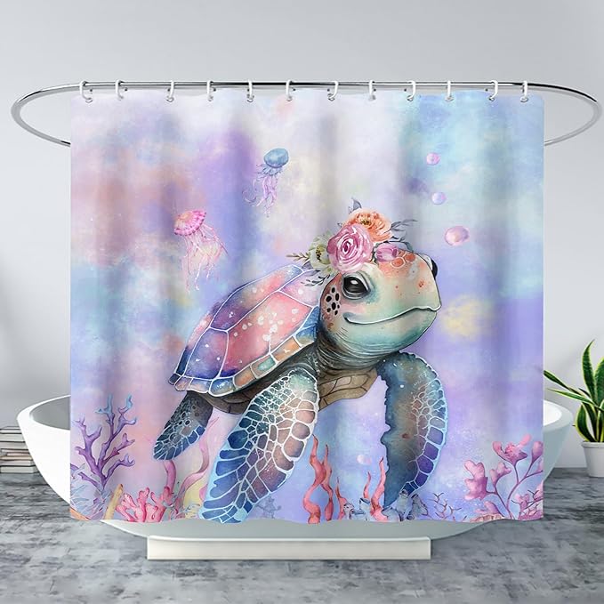 AILONEN Kawaii Sea Turtle Shower Curtain,Tie Die Turtle Bath Curtain Cloth Fabric Bathroom 72" W*96" H Inch,12 Pack Hooks for Kids Child Cute Watercolor Pink Sea Animal Bathroom Curtain