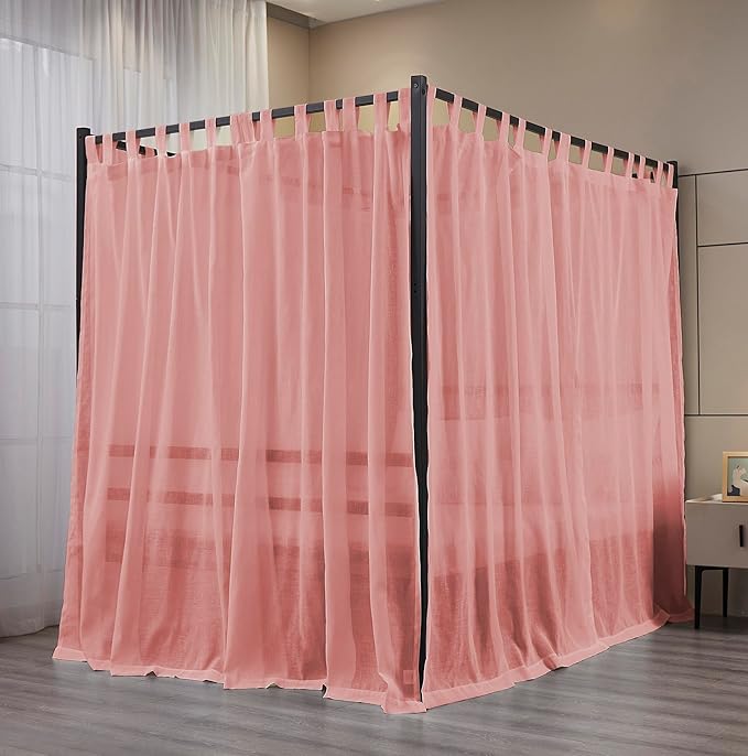 Mengersi Linen Canopy Bed Curtains for Twin,Full,Queen and King Size Bed,Bed Canopy Natural Blended Curtain Panels, 8 Panels Set (All Bed Sizes, Pink)